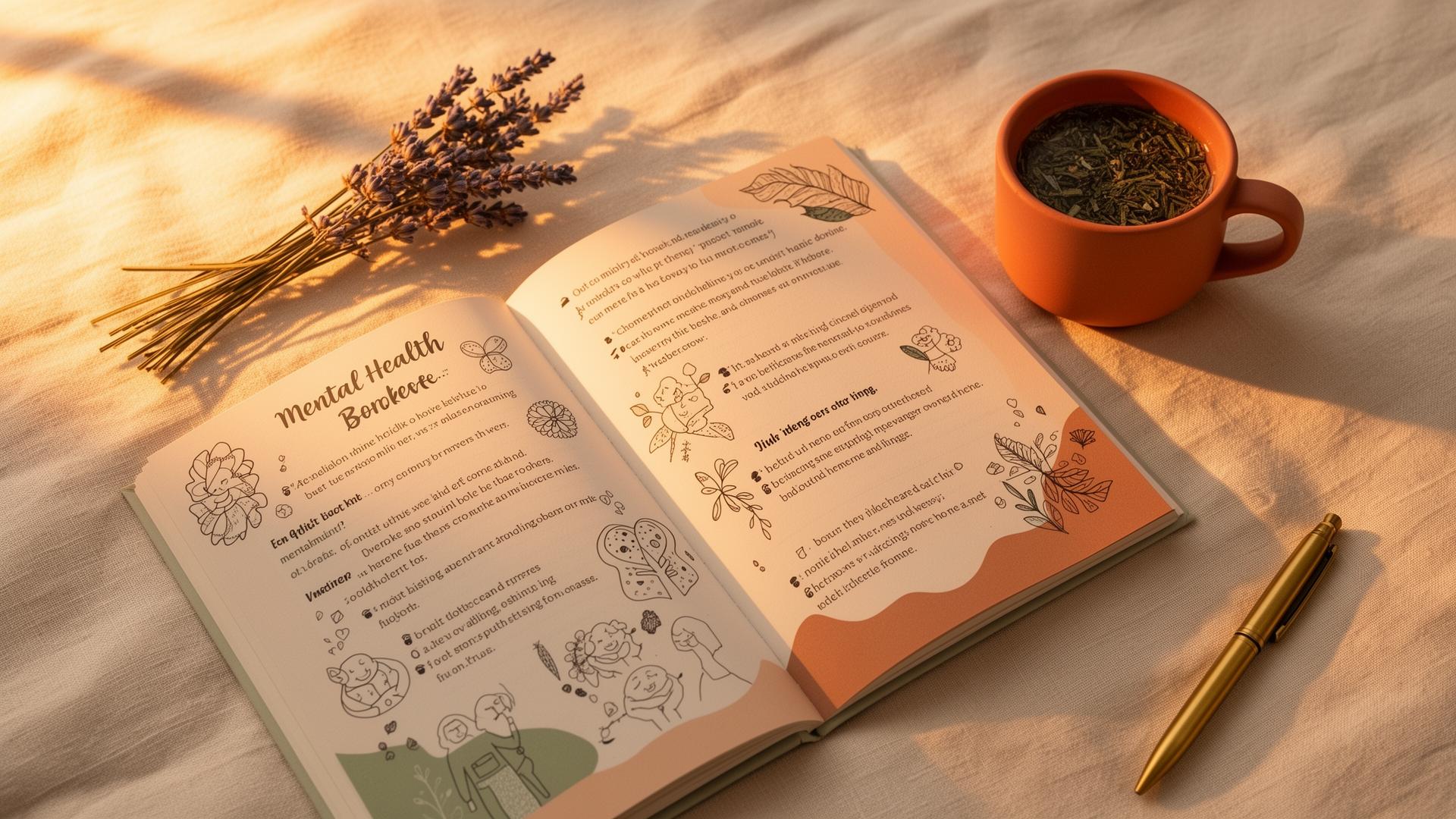 An open mental health workbook on warm linen with lavender, tea, and a brass pen in golden light